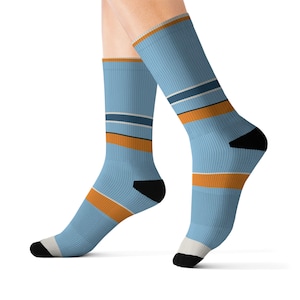 Abstract Racing Stripe Socks, Powder Blue Marigold Novelty Dress Socks (Sarthe ’68), Motorsport Gift for Him image 2