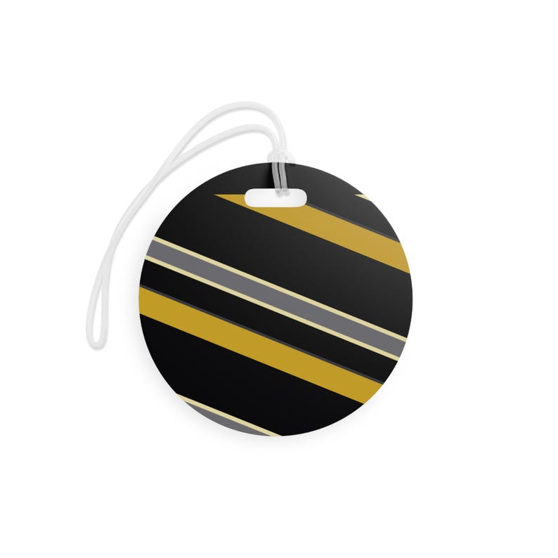 Etichetta per bagaglio con motivo a strisce da corsa astratte, etichetta geometrica nera e oro (Mezzanotte e oro), regalo da viaggio per lui immagine 6