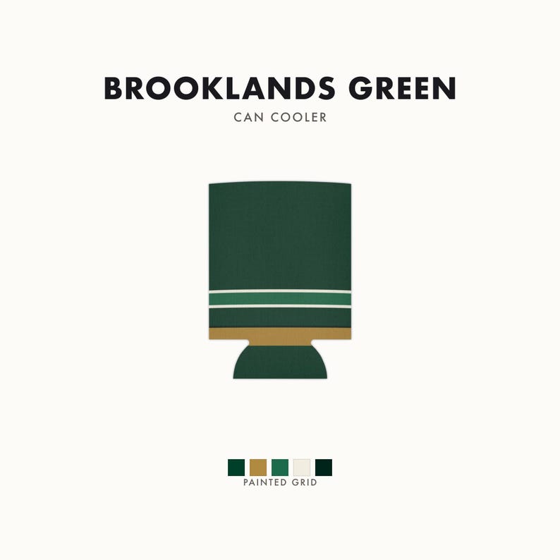 Abstract Racing Stripe Can Cooler, British Racing Green Brass Geometric Can Insulator (Brooklands Green), Motorsport Gift