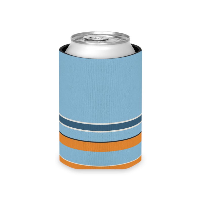 Abstract Racing Stripe Can Cooler, Powder Blue Marigold Geometric Can Insulator (Sarthe ’68), Motorsport Gift image 4