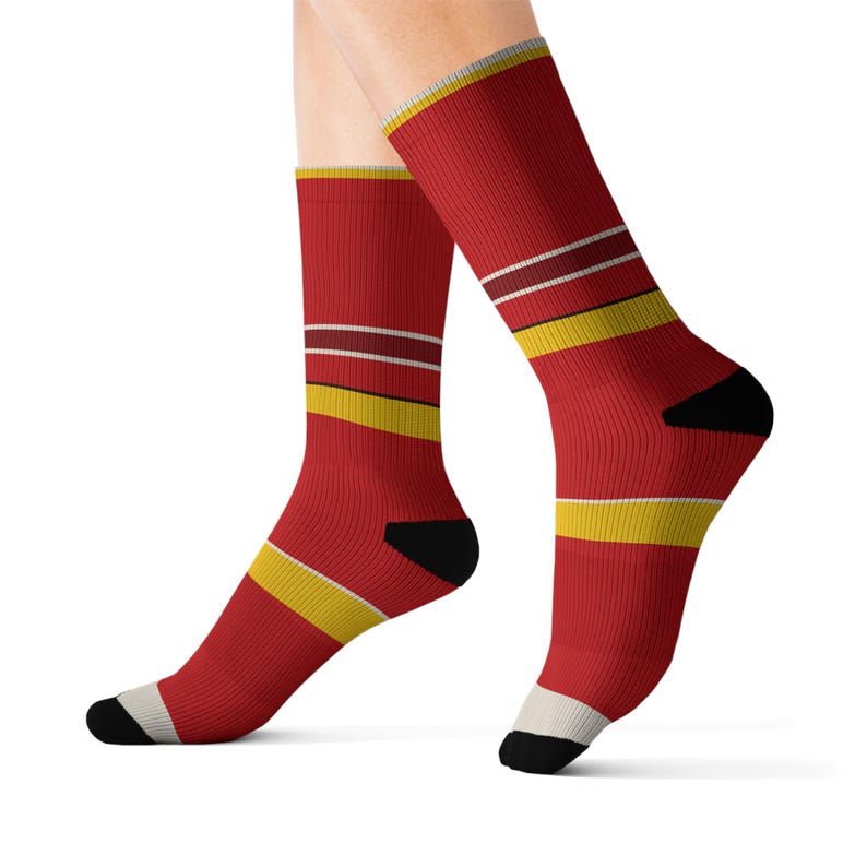 Abstract Racing Stripe Socks, Racing Red Shield Yellow Novelty Dress Socks (Modena Red), Motorsport Gift for Him image 2