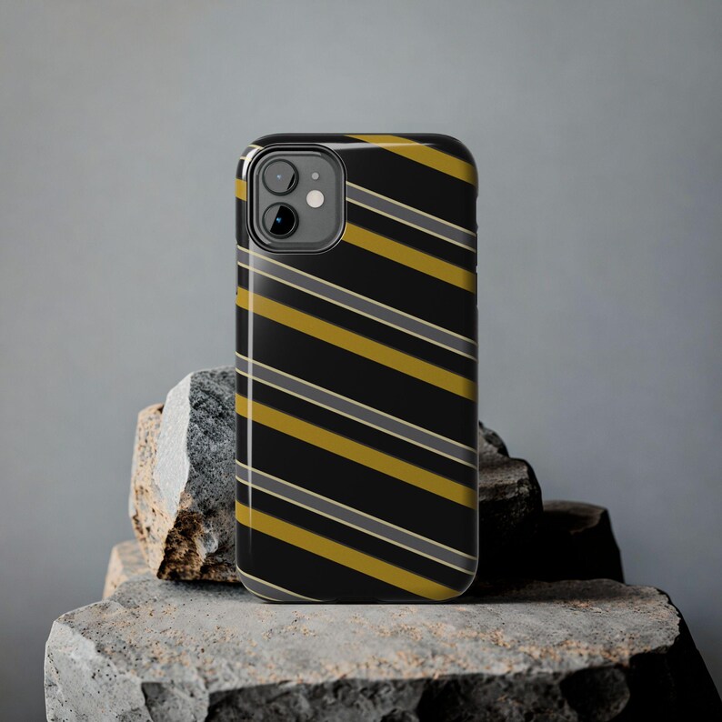 Funda para teléfono con estampado abstracto de rayas de carreras, cubierta geométrica negra y dorada (medianoche y dorado), regalo retro de deportes de motor. imagen 6