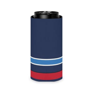 Enfriador de latas con diseño abstracto de rayas de carreras, aislante geométrico para latas en azul marino, azul celeste y rojo señal (Riviera Stripe), regalo para aficionados al automovilismo. imagen 8