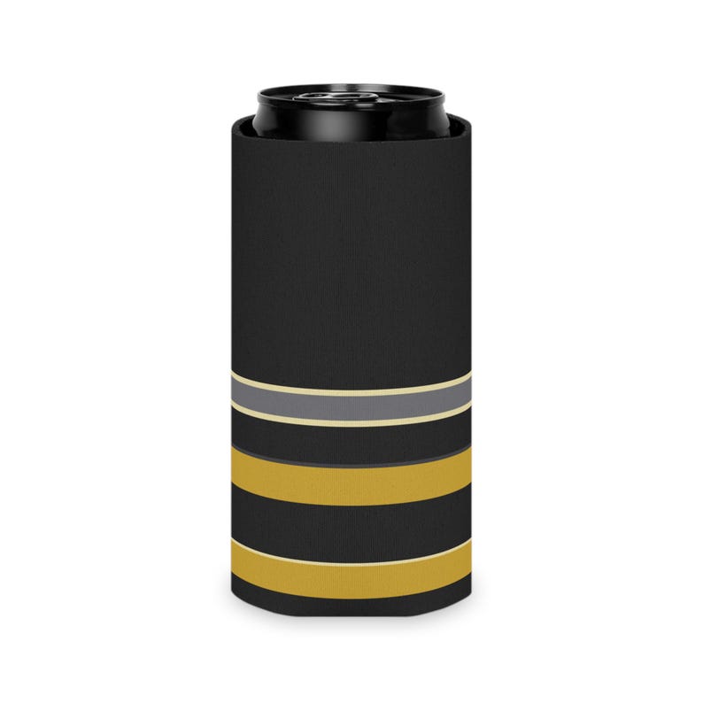 Abstract Racing Stripe Can Cooler, Black Gold Geometric Can Insulator (Midnight and Gold), Motorsport Gift image 8
