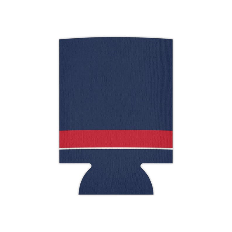 Enfriador de latas con diseño abstracto de rayas de carreras, aislante geométrico para latas en azul marino, azul celeste y rojo señal (Riviera Stripe), regalo para aficionados al automovilismo. imagen 3