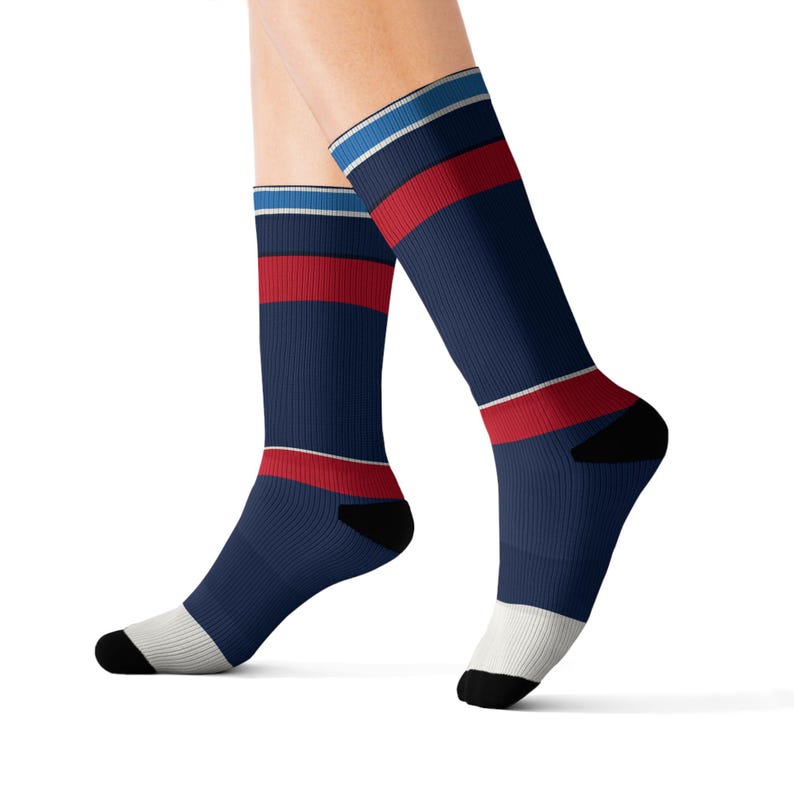 Abstract Racing Stripe Socks, Navy Azure Signal Red Novelty Dress Socks (Riviera Stripe), Motorsport Gift for Him image 10