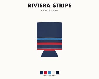Abstract Racing Stripe Can Cooler, Navy Azure Signal Red Geometric Can Insulator (Riviera Stripe), Motorsport Gift