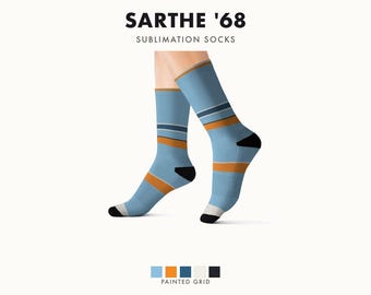 Abstract Racing Stripe Socks, Powder Blue Marigold Novelty Dress Socks (Sarthe ’68), Motorsport Gift for Him