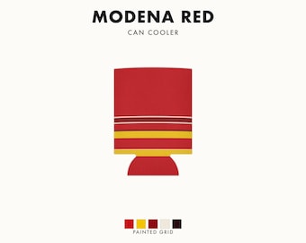 Abstracte blikjeskoeler met racestrepen, rode race-schild, gele geometrische blikjesisolator (Modena Red), motorsportcadeau