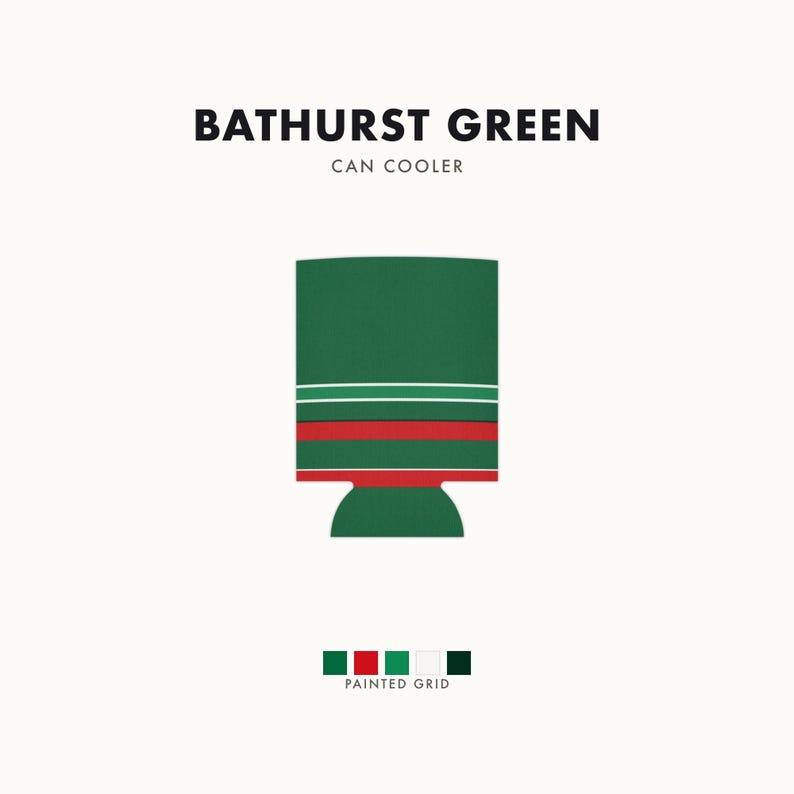 Refroidisseur de canette à rayures de course abstraites, isotherme géométrique vert, blanc et rouge (vert Bathurst), cadeau pour passionnés de sport automobile image 1