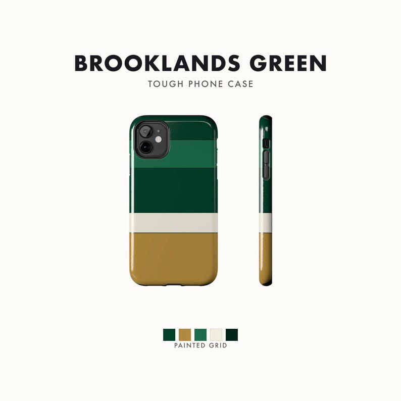 Abstrakcyjne etui na telefon z wyścigowymi paskami, mosiężna geometryczna obudowa w kolorze British Racing Green (Brooklands Green), prezent w stylu retro Motorsport zdjęcie 1