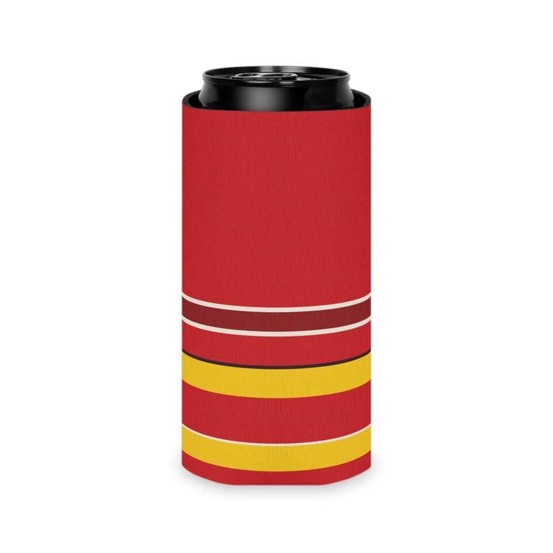 Dosenkühler mit abstraktem Rennstreifenmuster, rot-gelber geometrischer Dosenisolator (Modena-Rot), Motorsport-Geschenk Bild 9