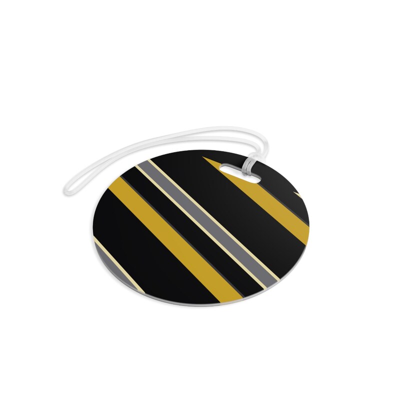 Etichetta per bagaglio con motivo a strisce da corsa astratte, etichetta geometrica nera e oro (Mezzanotte e oro), regalo da viaggio per lui immagine 8