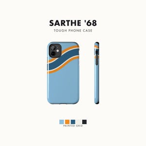 Abstract Racing Stripe Phone Case, Powder Blue Marigold Geometric Cover (Sarthe ’68), Retro Motorsport Gift