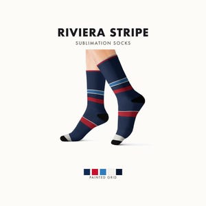 Abstract Racing Stripe Socks, Navy Azure Signal Red Novelty Dress Socks (Riviera Stripe), Motorsport Gift for Him