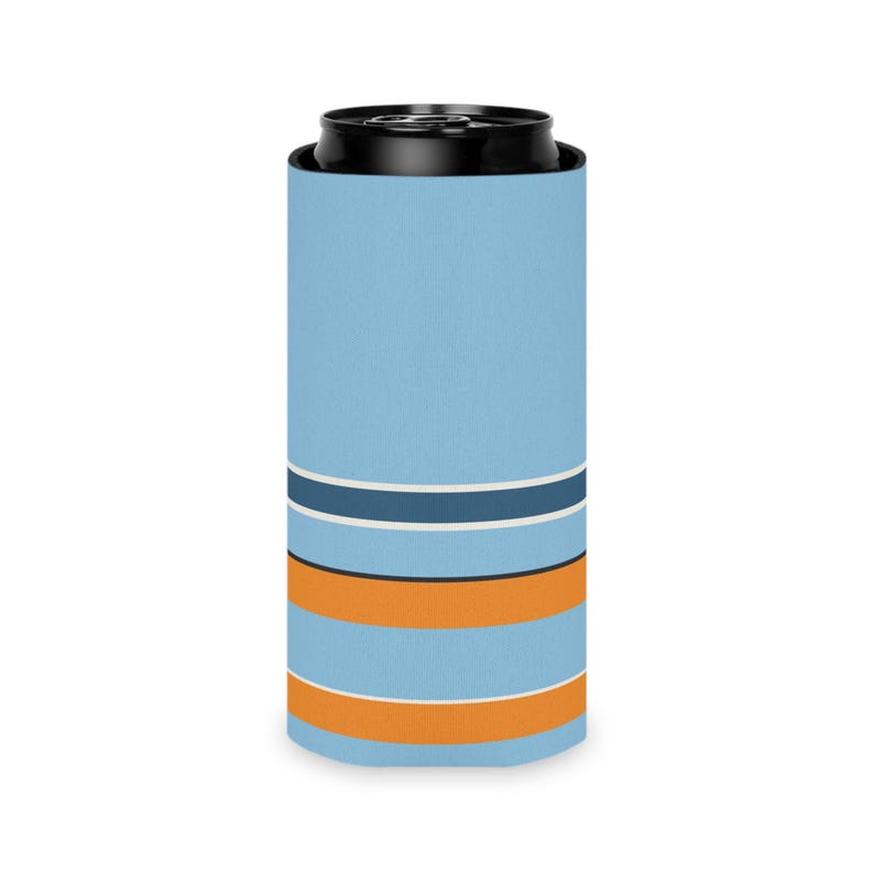 Abstract Racing Stripe Can Cooler, Powder Blue Marigold Geometric Can Insulator (Sarthe ’68), Motorsport Gift image 8