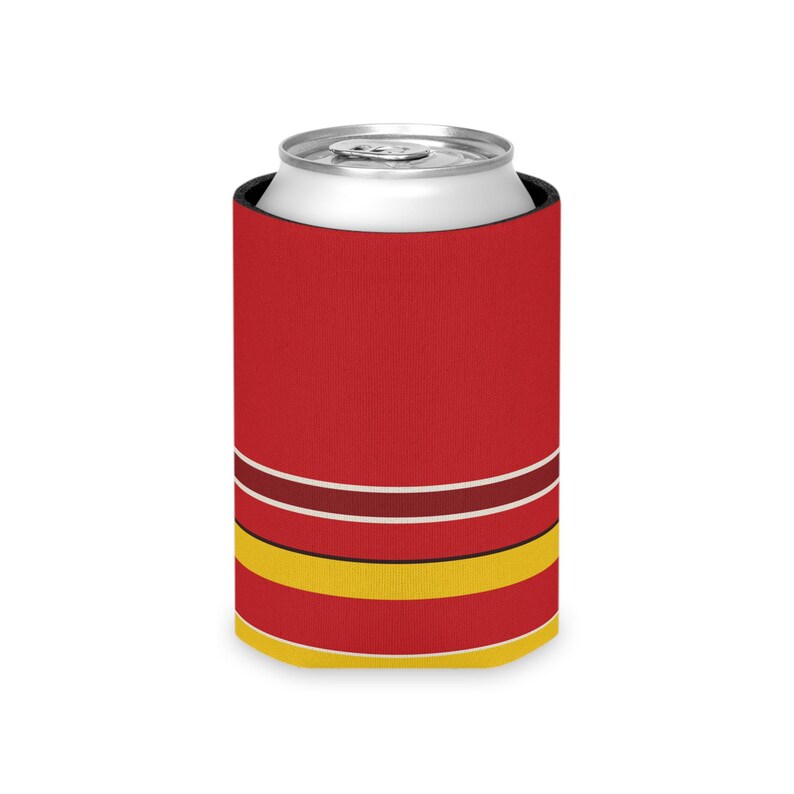 Dosenkühler mit abstraktem Rennstreifenmuster, rot-gelber geometrischer Dosenisolator (Modena-Rot), Motorsport-Geschenk Bild 4