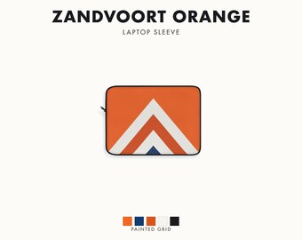 May include: A rectangular laptop sleeve featuring the text ZANDVOORT ORANGE LAPTOP SLEEVE. The sleeve has an orange background with a white and orange chevron pattern and a small dark blue triangle at the bottom. Below are five color swatches.