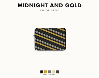 Abstracte laptophoes met racestrepen, geometrische laptophoes in zwart-goud (Midnight and Gold), cadeau voor autoliefhebbers