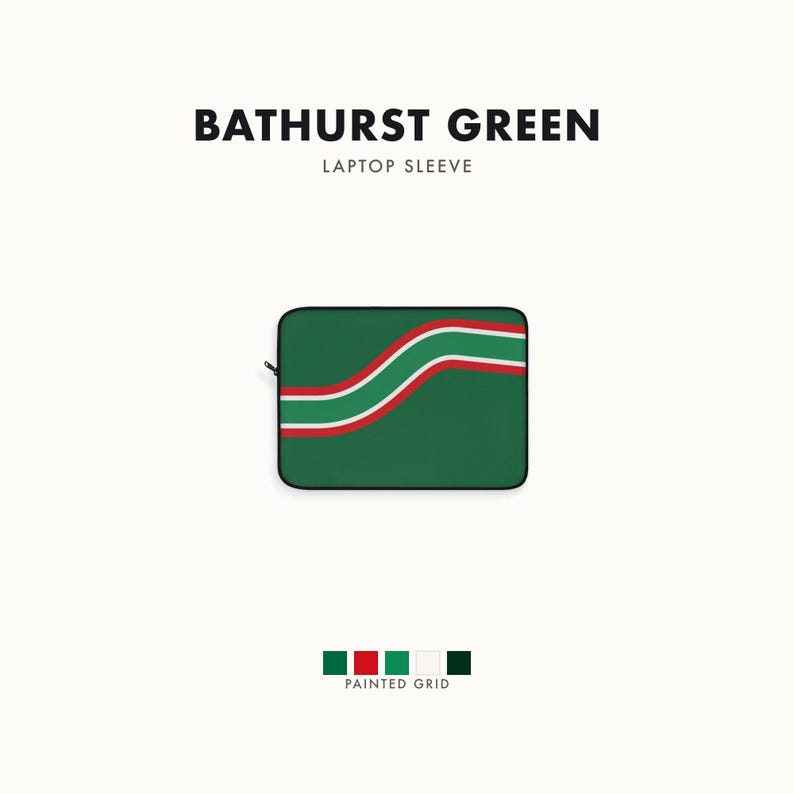 Abstract Racing Stripe Laptop Sleeve, Green White Red Geometric Laptop Case (Bathurst Green), Gift for Car Lovers image 1