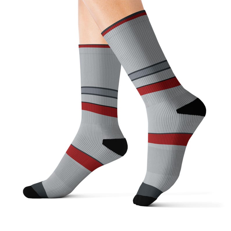 Abstract Racing Stripe Socks, Silver Racing Red Novelty Dress Socks (Avus Silver), Motorsport Gift for Him image 2