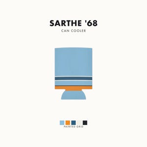 Abstract Racing Stripe Can Cooler, Powder Blue Marigold Geometric Can Insulator (Sarthe ’68), Motorsport Gift