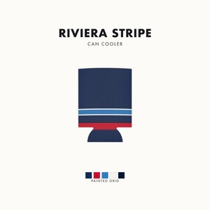 Enfriador de latas con diseño abstracto de rayas de carreras, aislante geométrico para latas en azul marino, azul celeste y rojo señal (Riviera Stripe), regalo para aficionados al automovilismo. imagen 1