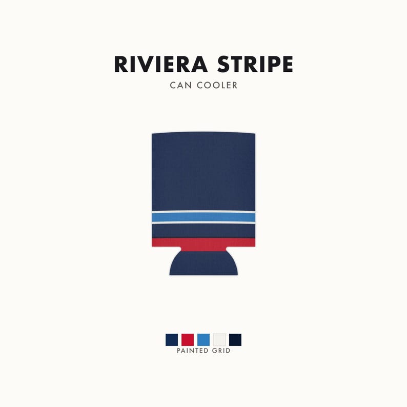 Enfriador de latas con diseño abstracto de rayas de carreras, aislante geométrico para latas en azul marino, azul celeste y rojo señal (Riviera Stripe), regalo para aficionados al automovilismo. imagen 1