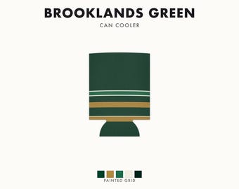 Abstract Racing Stripe Can Cooler, British Racing Green Brass Geometric Can Insulator (Brooklands Green), Motorsport Gift