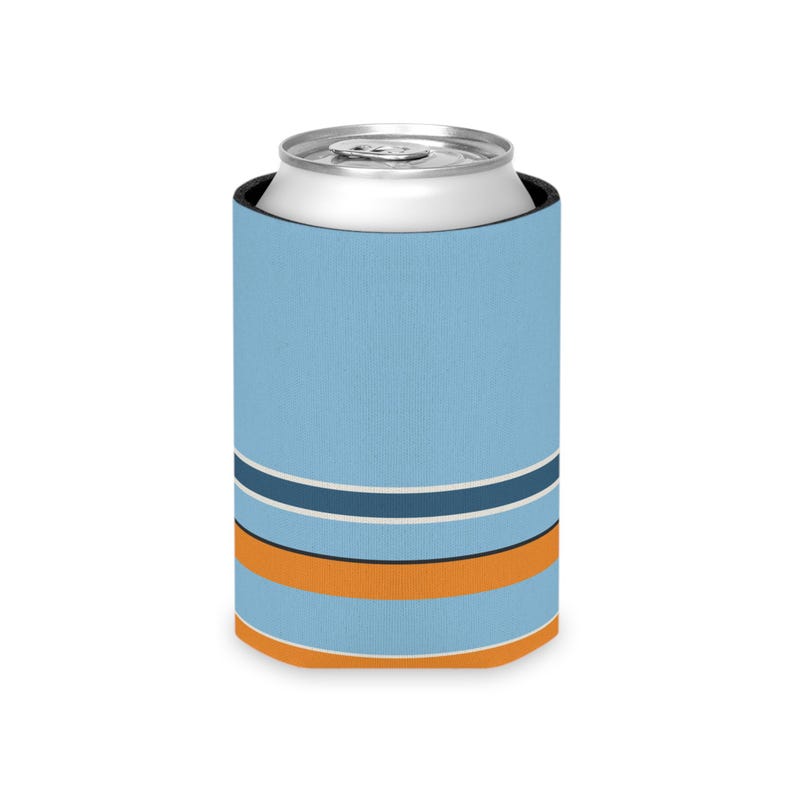 Abstract Racing Stripe Can Cooler, Powder Blue Marigold Geometric Can Insulator (Sarthe ’68), Motorsport Gift image 5