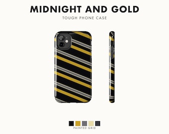 Abstracte racestreep telefoonhoes, geometrische cover in zwart en goud (Middernacht en Goud), retro motorsport cadeau