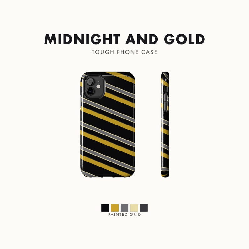 Funda para teléfono con estampado abstracto de rayas de carreras, cubierta geométrica negra y dorada (medianoche y dorado), regalo retro de deportes de motor. imagen 1
