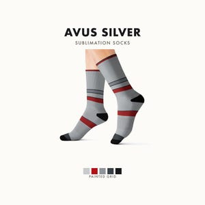 Abstract Racing Stripe Socks, Silver Racing Red Novelty Dress Socks (Avus Silver), Motorsport Gift for Him image 1