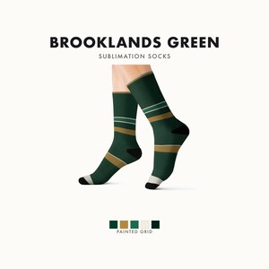 Abstract Racing Stripe Socks, British Racing Green Brass Novelty Dress Socks (Brooklands Green), Motorsport Gift for Him