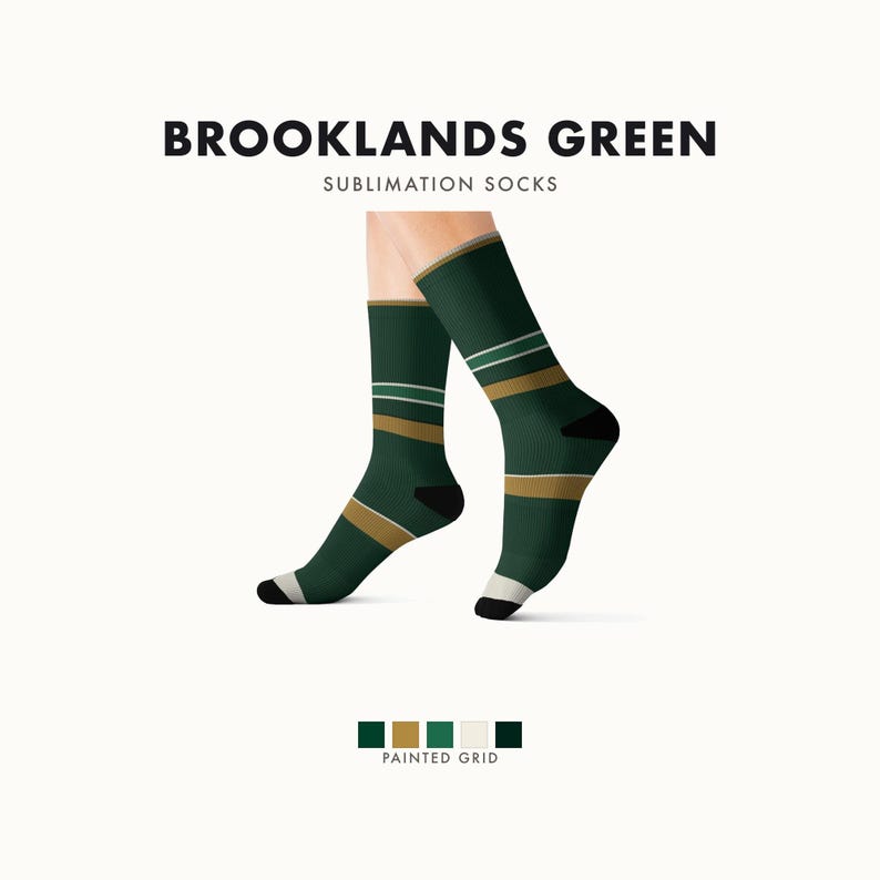 Abstract Racing Stripe Socks, British Racing Green Brass Novelty Dress Socks (Brooklands Green), Motorsport Gift for Him