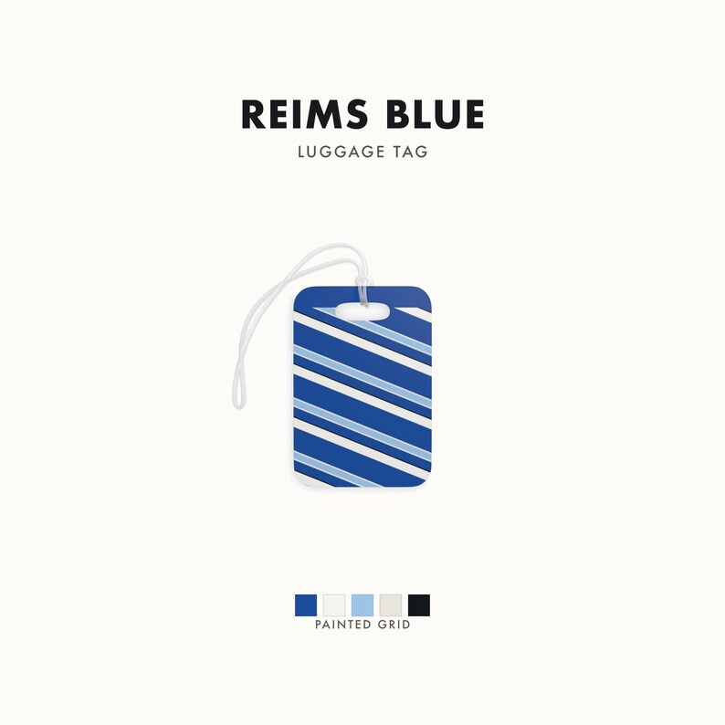 Abstract Racing Stripe Luggage Tag, French Racing Blue Bone Geometric Bag Tag (Reims Blue), Travel Gift for Him