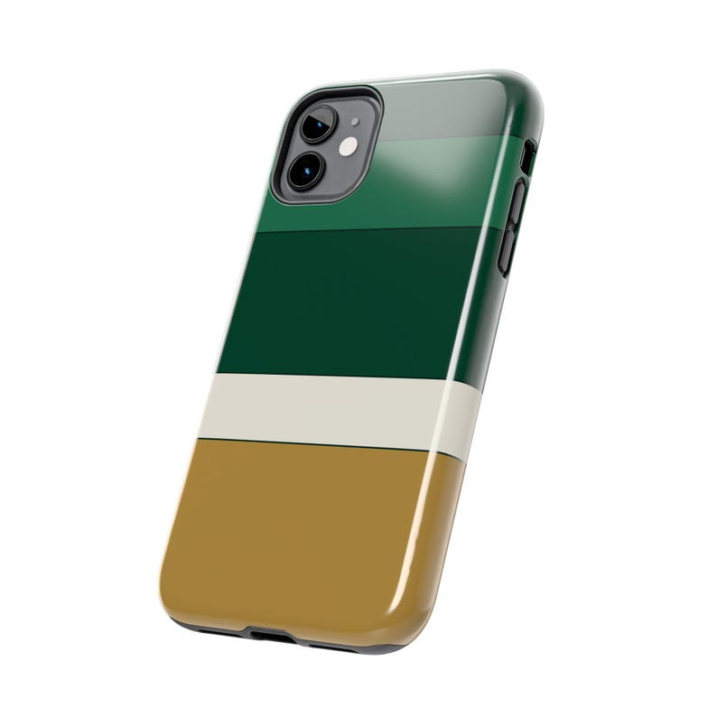 Abstrakcyjne etui na telefon z wyścigowymi paskami, mosiężna geometryczna obudowa w kolorze British Racing Green (Brooklands Green), prezent w stylu retro Motorsport zdjęcie 4