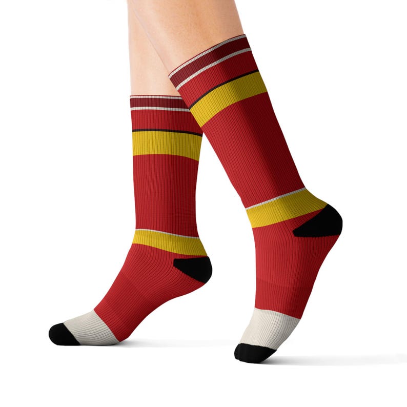 Abstract Racing Stripe Socks, Racing Red Shield Yellow Novelty Dress Socks (Modena Red), Motorsport Gift for Him image 10