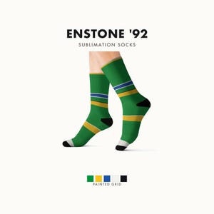 Abstract Racing Stripe Socks, Green Yellow Blue Novelty Dress Socks (Enstone ’92), Motorsport Gift for Him