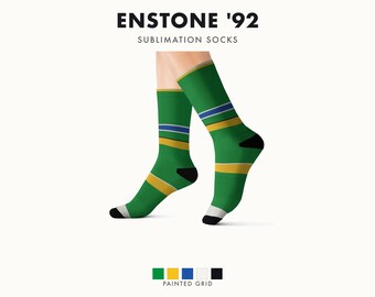 Abstract Racing Stripe Socks, Green Yellow Blue Novelty Dress Socks (Enstone ’92), Motorsport Gift for Him