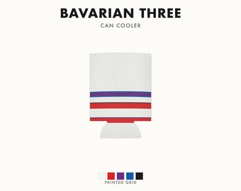 Abstracte blikjeskoeler met racestrepen, geometrische blikjesisolator in lichtblauw, violet en rood (Bavarian Three), cadeau voor motorsportliefhebbers