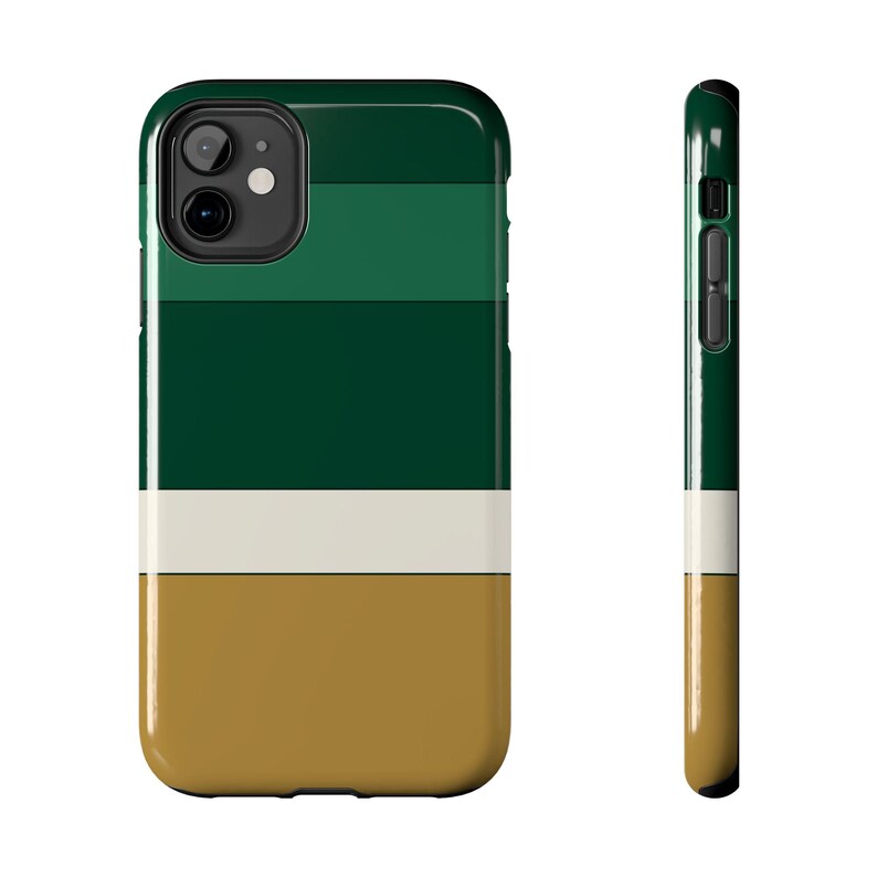 Abstrakcyjne etui na telefon z wyścigowymi paskami, mosiężna geometryczna obudowa w kolorze British Racing Green (Brooklands Green), prezent w stylu retro Motorsport zdjęcie 2