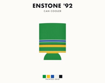 Abstract Racing Stripe Can Cooler, Green Yellow Blue Geometric Can Insulator (Enstone ’92), Motorsport Gift