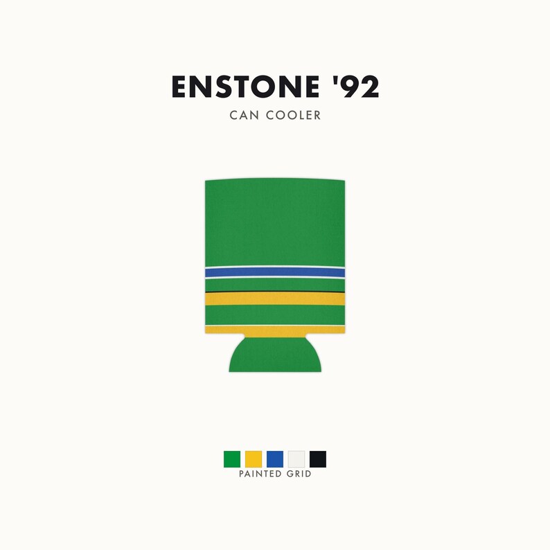 Abstract Racing Stripe Can Cooler, Green Yellow Blue Geometric Can Insulator (Enstone ’92), Motorsport Gift