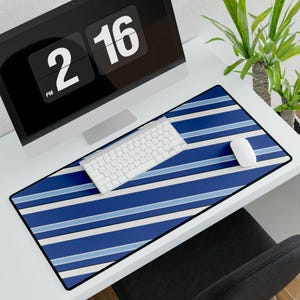 Abstract Racing Stripe Desk Mat, French Racing Blue Bone Geometric Desk Pad (Reims Blue), Gift for Car Lovers image 4