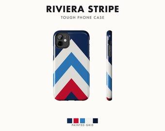 Abstract Racing Stripe Phone Case, Navy Azure Signal Red Geometric Cover (Riviera Stripe), Retro Motorsport Gift