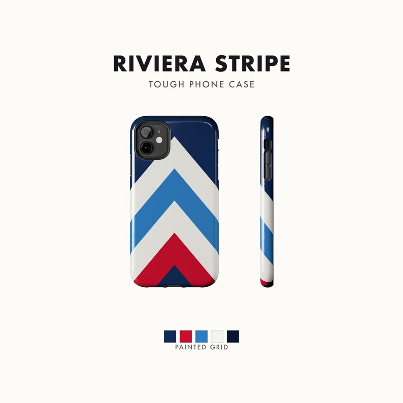 Abstract Racing Stripe Phone Case, Navy Azure Signal Red Geometric Cover (Riviera Stripe), Retro Motorsport Gift