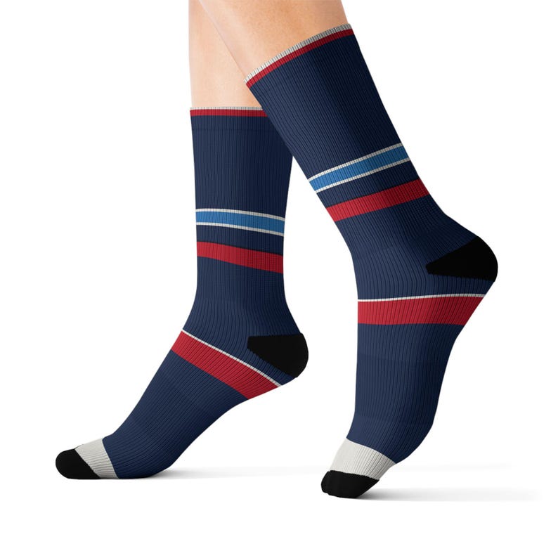 Abstract Racing Stripe Socks, Navy Azure Signal Red Novelty Dress Socks (Riviera Stripe), Motorsport Gift for Him image 6