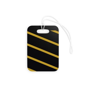 Etichetta per bagaglio con motivo a strisce da corsa astratte, etichetta geometrica nera e oro (Mezzanotte e oro), regalo da viaggio per lui immagine 3