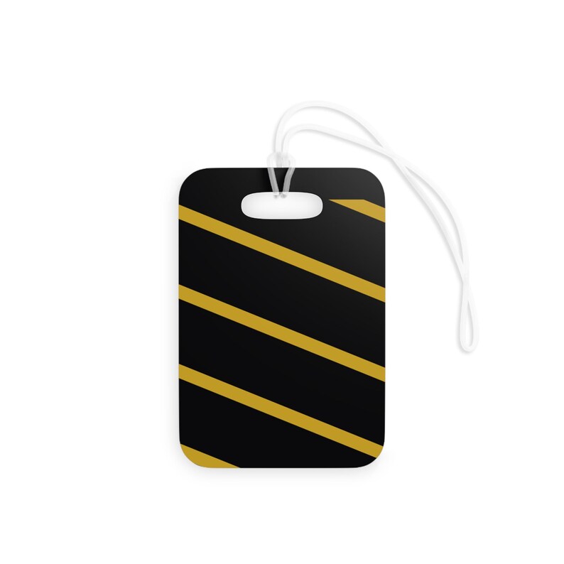 Etichetta per bagaglio con motivo a strisce da corsa astratte, etichetta geometrica nera e oro (Mezzanotte e oro), regalo da viaggio per lui immagine 3